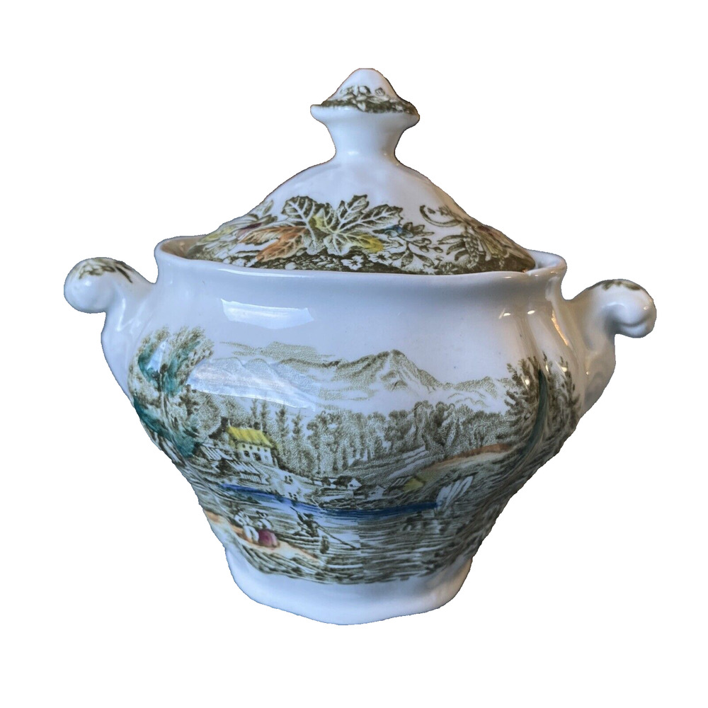 Heritage Green Sugar Bowl & Lid by Ridgway Scalloped Staffordshire UK